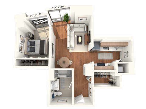 Floor plan for 1 bed, 1 bath, 605 sqft